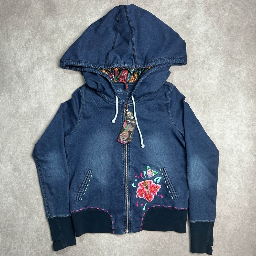 Ay Guey! Mexico Oversized Hoodie Full Zip Blue Embroidered Flower Large PAU PAU